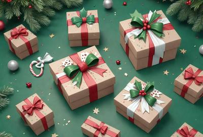 The primary subject of the image is a collection of wrapped presents. The presents are placed on a green surface, which could be a table or a tree. The setting appears to be a festive environment, possibly during the holiday season. The visual style of the image is a combination of photo and digital art, creating a realistic yet artistic representation of the presents. The colors and mood of the image are predominantly green and red, which are associated with the holiday season and gift-giving.